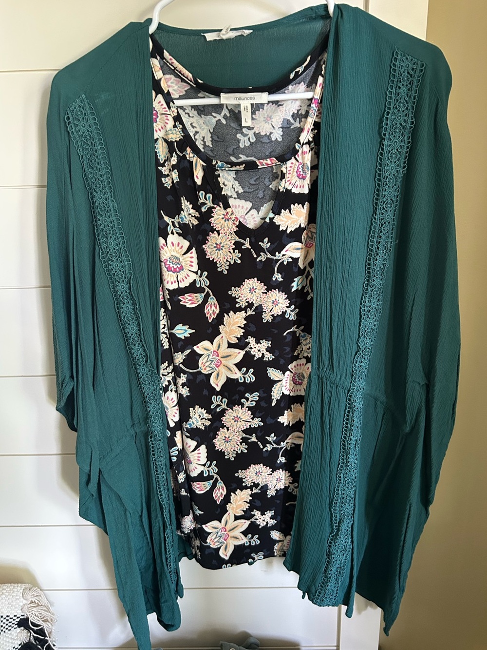 Maurices Teal Lace-Trim Open Cardigan with floral tank top